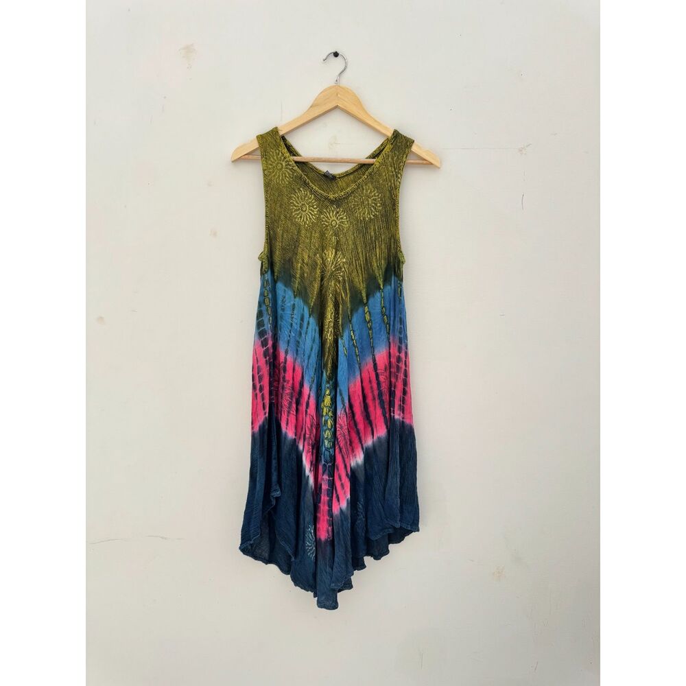 Tie Dye Sundress Free Size Olive Blue Pink Sunburst Print Rayon